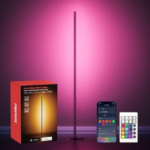 SwitchBot Matter Lampara de Pie, RGBCCT Lámpara de Pie con App y Mando, Funciona con Alexa, Apple Home y Google Home, Blanco Cálido & Frío, 16 Millones Colores, 1200lm, Sync Musical, Modos de Escena