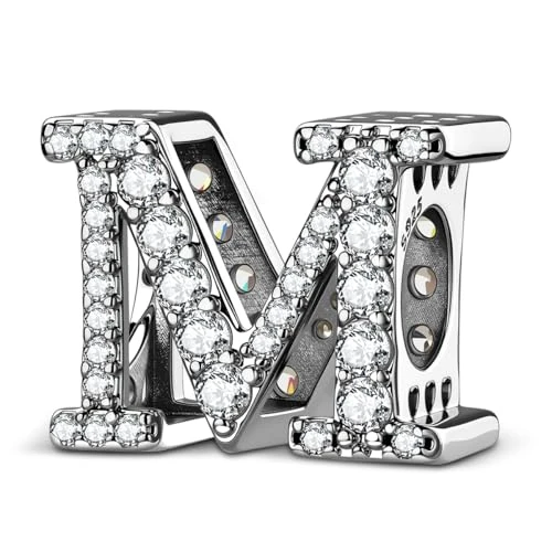 Aurevella 925 Sterling Silver Alphabet Pendant A~Z with 5A Cubic Zircon Initials Beads for European Bracelets and Necklaces Ladies Jewelry Christmas Birthday Gift, 5, Sterling Silver, Created Cubic