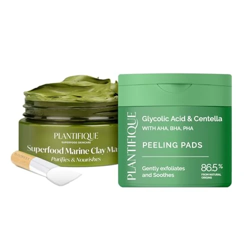 PLANTIFIQUE Mascarilla Facial Coreana de Arcilla Verde con Superalimentos - para Puntos Negros y Poros - Korean Face Mask & Almohadillas Exfoliantes - Renovación Suave de la Piel - 60 piezas