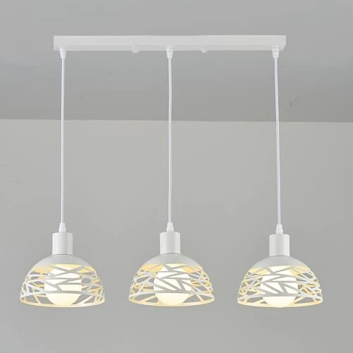SXHZLY Lampadario a Sospensione Moderno Industriale, 3 Luci E27 in Metallo RitagliatoØ18 Lampada a Sospensione Vintage per Cucina Isola Tavolo da Pranzo (Bianco Base Lunga)