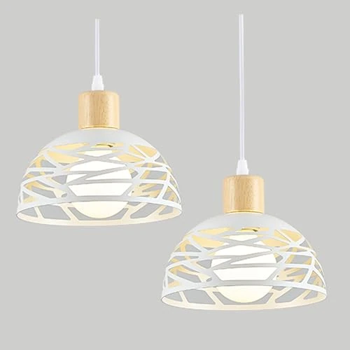 SXHZLY 2 Pezzi Lampadario a Sospensione Moderno, E27 Industriale Metallo Lampadari Ø20cm Bianco Paralume,Lampada a Sospensione in Legno per Camera Da Letto Cucina, Sala Da Pranzo