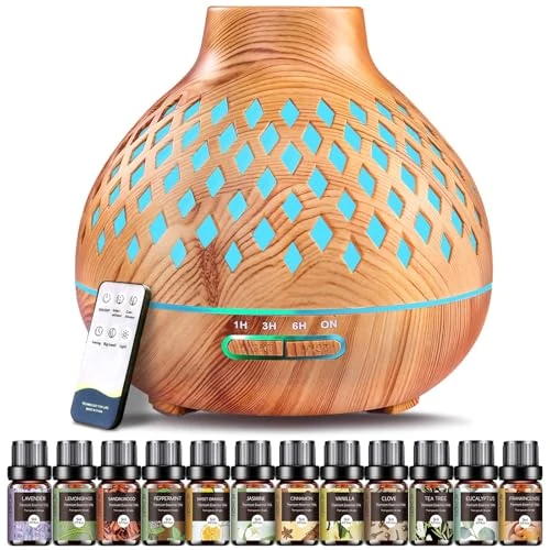 AESHORY 550ml Etherische Olie Diffuser, Aroma Diffuser met 12 x 5ml Etherische Oliën, Ultrasone Luchtbevochtiger met 7-kleurige Ledlampjes, Automatische Uitschakeling, voor Thuis, Yoga, Spa (Hout)