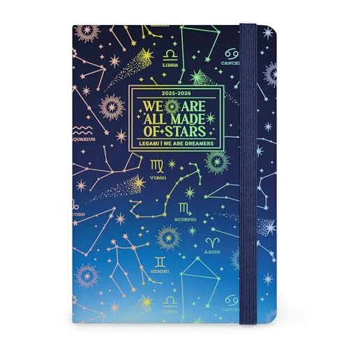 Legami - Agenda semanal fotográfica con cuaderno 2025-2026, Stars, 16 meses pequeño, agenda de septiembre 2025 a diciembre 2026, cierre con elástico, papel certificado FSC, 9,5 x 13,5 cm