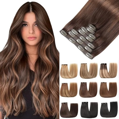 Offerta a tempo: EINbeauty Extension Capelli Veri Clip 7pcs 120g 40cm Extension Capelli Veri Lisci Marrone scuro con castano Invisibili Remy Umani Human Hair Extension Clip(16Inch,2/2/6#) - 38% da 78.19 € a 48.28 €