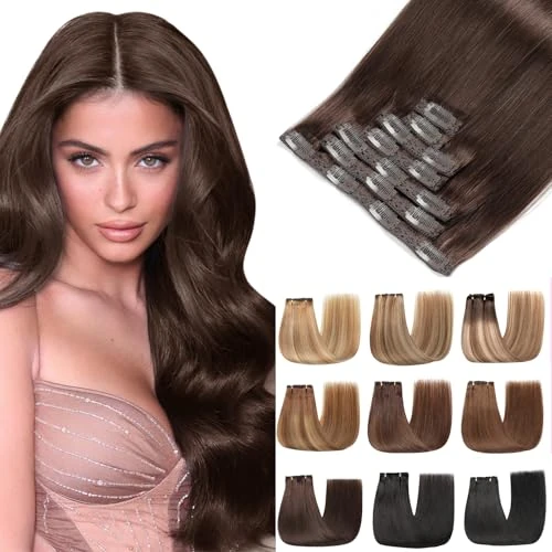 Offerta a tempo: EINbeauty Extension Capelli Veri Clip 7pcs Extension Capelli Veri Lisci Marrone scuro Invisibili Remy Umani Human Hair Extension Clip 80g 35cm(14Inch,2#) - 38% da 43.68 € a 26.97 €
