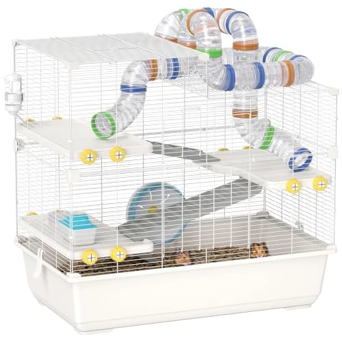 Offerta a tempo: PawHut Gabbia per Criceti 78x45x73 cm 4 Livelli Ruota Silenziosa Bianco | con Tubi, 3 Porte, Vassoio, Gabbietta per Criceti, Metallo, PP e PS - 12% da 89.95 € a 78.95 €