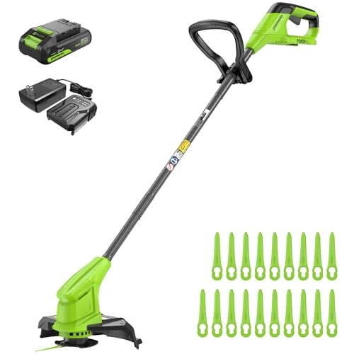 Greenworks 24V desbrozadora bateria para Jardines pequeños y medianos, 25 cm de Ancho de Corte, Incluye 20 Cuchillas de plástico para Clientes con batería de 2.0 Ah y Cargador