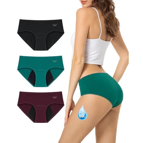 TANSTC Mutande Mestruali Assorbenti 60ML, Donna Cotone Slip Ciclo Protettive Periodico Intima Mestruale Ecologico con 4 Strati Anti perdite Lavabili, Nero+Bordeaux+Verde Scuro, 3 Pack, S