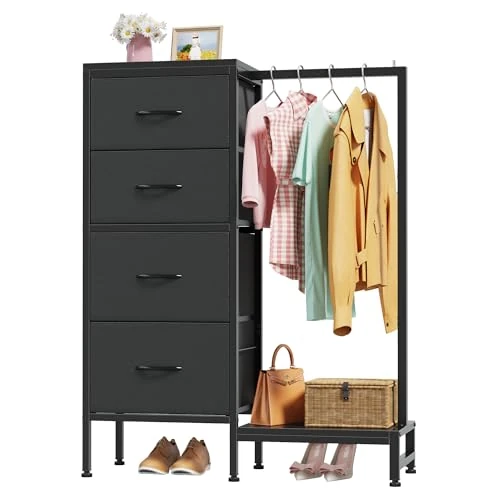 Limited-time offer: OYRREU 111cm Tall Chest of Drawers for Bedroom, 4 Fabric Drawer Small Dresser Black Storage Unit for Hallway Living Room Entryway, Reversible Closet Storage with Clothes Rail, for Kids Adults Gift from 59.99 GBP to 59.99 GBP (save 0%)