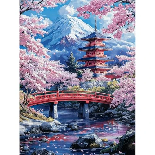 KEYIFA Cherry Blossoms Paint by Numbers for Adults, Painting by Number Canvas Kits with Acrylic Paint Brushes, DIY Landscape Craft Oil Painting Art Kits for Adults, Home Wall Decor 30x40cm