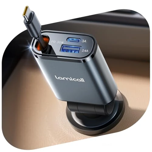 Limited-time offer: Lamicall 3 in 1 Retractable Car Charger Adapter -【2026 Ultra Compact】57W Cigarette Lighter USB Charger, Car Phone Charge with Retractable Type-C Cable/USB C/USB A, 12V/24V Socket for i-Phone, Android from 21.99 GBP to 15.98 GBP (save 27%)