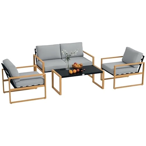 Oferta limitada: Outsunny Juego de salón de jardín de 4 Piezas, con sofá de Exterior de 2 plazas, 2 sillones y Mesa de Centro de Cristal y Cojines extraíbles, Juego de Muebles de Aluminio, Color Gris Marengo/Madera de 592.99 EUR a 592.99 EUR (ahorro 0%)