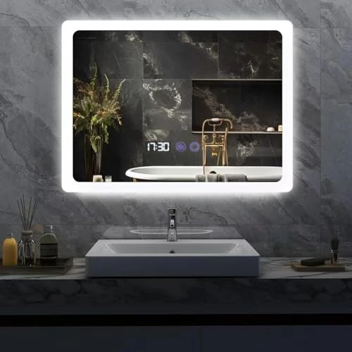 Offerta a tempo: YU YUSING Specchio Bagno con Luce LED, 80x60cm, Specchio da Parete con Illuminazione, Interruttore Touch, Antiappannamento, 3 Temperature Colore, Dimmerabile, Visualizzazione del Tempo, IP44 - 10% da 89.99 € a 81.22 €