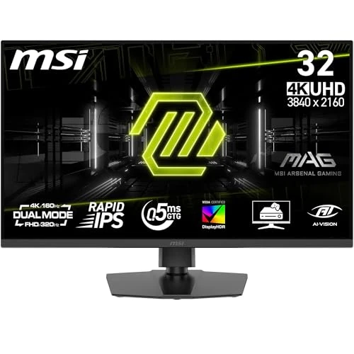 MSI mag 322URDF E16 Monitor Gaming, 32 Pulgadas, 4K UHD, 3840x2160, Rapid IPS, 0.5ms, DisplayHDR 400, Eye Care, AI Vision, Dual-Mode, HDMI 2.1, DP 1.4a, inclinación/Altura Ajustable, Negro