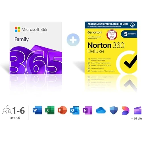 Microsoft 365 Family │ 12 mesi │ 6 persone │ Fino a 6 TB di spazio di archiviazione Onedrive │ App Office con AI + Norton 360 Deluxe│5 Dispositivi│15 mesi│ Abbonamento con rinnovo automatico