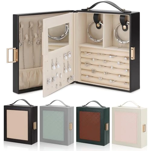 Limited offer: DesignSter Jewellery Box Organiser, Portable Jewellery Storage with Mirror, Travel Jewellery Case with Handle for Rings Earrings Bracelets Necklaces, Black Brown & Apricot from 22.99 EUR to 16.09 EUR (save 30%)