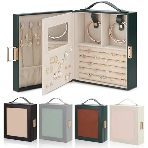 Limited offer: DesignSter Jewellery Box Organiser, Portable Jewellery Storage with Mirror, Travel Jewellery Case with Handle for Rings Earrings Bracelets Necklaces, Dark Green & Brown from 22.99 EUR to 16.09 EUR (save 30%)