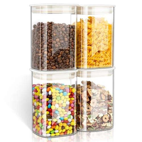 Cozary 1100ml Glass Jars with ABS Lid, Set of 4 Square Glass Containers for Food, Stackable and Washable, Airtight Jars in Kitchen/Pantry for Nuts, Cereals