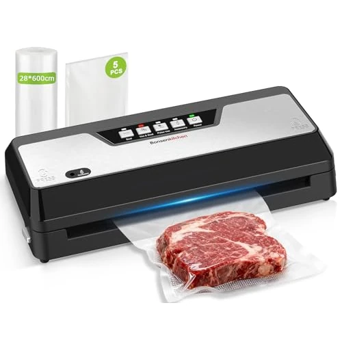 Bonsenkitchen Envasadora al Vacio con Cortador Incorporado y Función de Almacenamiento de Bolsas, Apta Para Cocción al Vacío y Comidas Preparadas, Incluye 1 Rollo y 5 Bolsas Precortadas, Negro