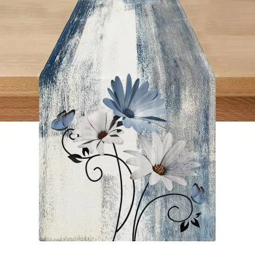 Bieżnik na stół, wiosna, 33 x 183 cm, lato, nowoczesny, niebieski, kwiaty, na zewnątrz, odporny na warunki atmosferyczne, bieżnik na stół, rustykalny obraz olejny, sezonowy, nadaje się do prania