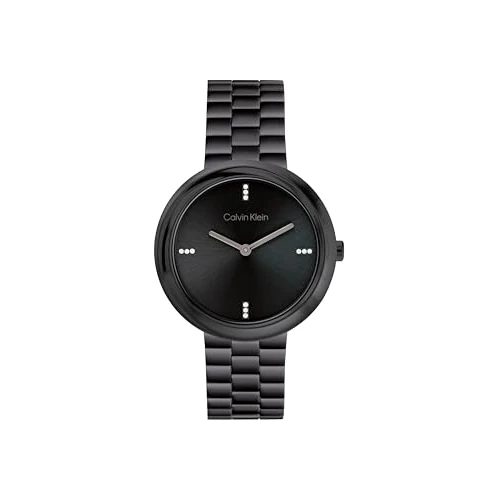 Calvin Klein Twee Hand Quartz Beweging Horloge voor Vrouwen Twisted Bezel Collectie met Zwarte Roestvrij Stalen Armband - 25100096
