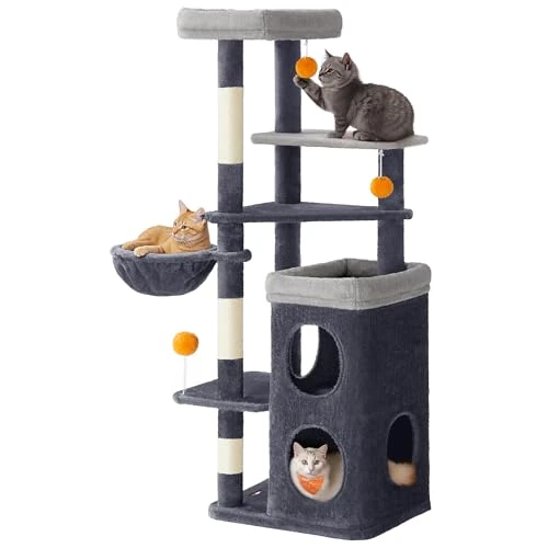 Feandrea Tall Cat Tree, Multiple-Level Cat Tower with 2 Caves, Basket, 3 Scratching Posts, 3 Perches, Dark Grey PCT007G02