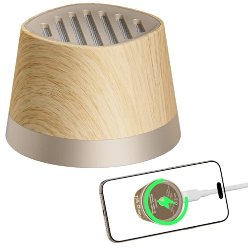 COLSUR Mini Altoparlante Bluetooth Magnetico con Caricatore Wireless per iPhone 16/15/14/13/12 Série, Supporto per Telefono Cellulare Caricatore Wireless (venature di legno chiare)