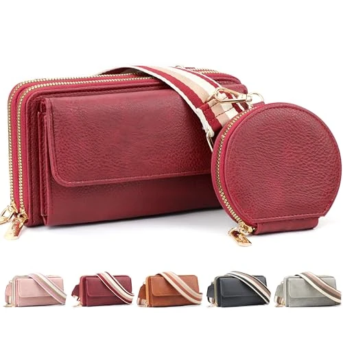 LEcylankEr Handytasche zum Umhängen Damen Große Kapazität Handytasche mit Geldbörse zum Umhängen aus PU Leder Umhängetasche Damen mit Abnehmbarem Breitem Schulterriemen und Münzfach (Burgunderrot)