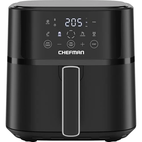 Offerta a tempo: Friggitrice ad aria Chefman da 5,7l, pasti facili e veloci, friggitrice aria piccola tecnologia Hi-Fry per maggiore croccantezza, comandi 4 preselezioni, cestello lavabile in lavastoviglie - Nero - 15% da 64.99 € a 54.99 €