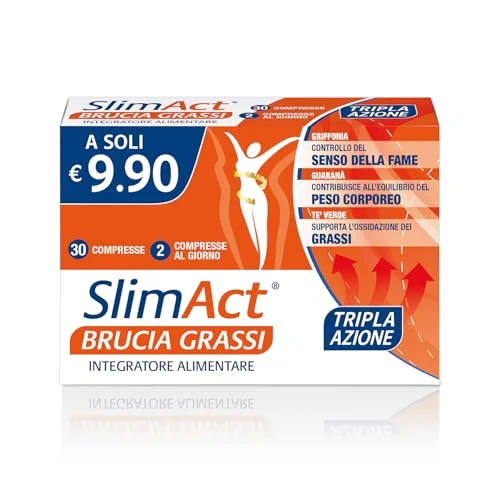 Offerta a tempo: Slim ACT Brucia Grassi, Integratore Alimentare per il controllo del senso della fame e l'equilibrio del peso corporeo, con Griffonia, Guaranà, Tè Verde, Tamarindo e Bromelina 2500 GDU/g - 30 Compresse - 23% da 9.90 € a 7.61 €