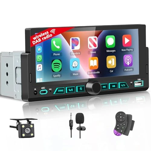 Autoradio 1 DIN mit DAB 6,9 Zoll Touchscreen Stereo Auto mit Android Auto & CarPlay, unterstützt Bluetooth Freisprecheinrichtung/FM/Mirror Link/USB/EQ + Mikrofon, Rückfahrkamera, Fernbedienung