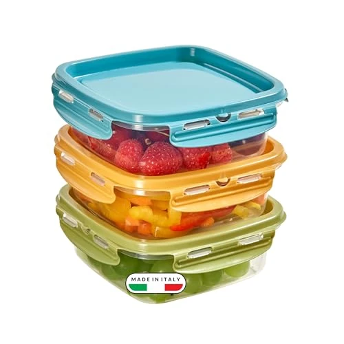 Snips, SnipsLock MIXCOLOR, set van 3 voedselcontainers, 3 x 0,50 LT, vierkant, 14,7 x 14,7 x 8 cm, gemaakt in Italië
