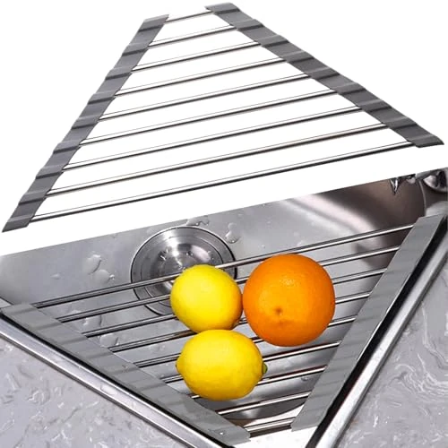 Tijdelijke aanbieding: Oprolbaar afdruiprek, servies, driehoekig afdruiprek, roestvrij staal, sponshouder, spoelbak, oprolbaar afdruiprooster, gootsteen, afdruipmat voor groente en fruitkopjes (grijs) van 9.49 EUR naar 9.49 EUR (korting 0%)