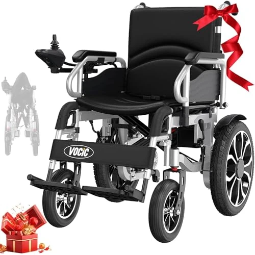 VOCIC Lekki składany elektryczny wózek inwalidzki do 150 kg, 30 KM Stolik elektryczny dla niepełnosprawnych, elektryczny wózek inwalidzki z amortyzatorami nadmuchiwanych opon 40 cm (srebrny)