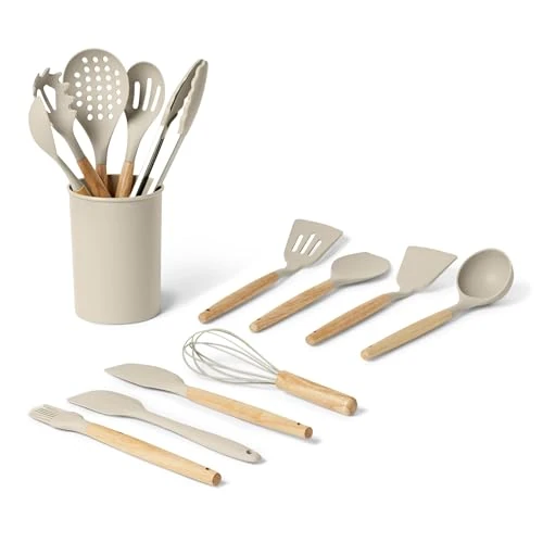 Oferta limitada: Amazon Basics Juego de Utensilios de Cocina de Silicona con Asa de Madera, Juego de 14 Piezas, Libre de BPA, Incluye Soporte para Utensilios, Gris Lino de 22.16 € a 22.16 € (ahorro 0.00%)