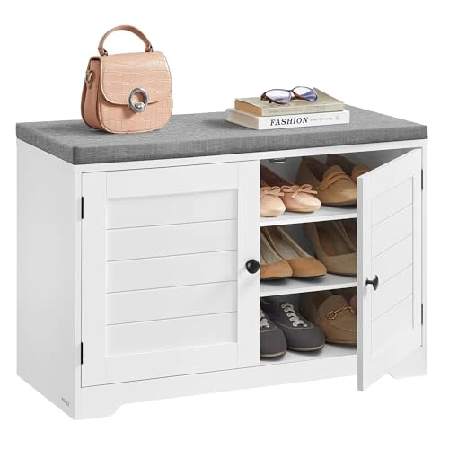 VASAGLE Shoe Bench, 3 Levels, Bench with Storage Space, Doors and Seat Cushions, Shoe Rack with Height-Adjustable Shelves, 35.5 x 81 x 52.5 cm, for Hallway, Bedroom, Cloud White/Dove Grey LSB034W01