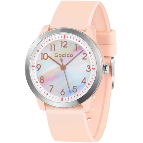 SOCICO Reloj de Pulsera Analógico para Niños Niñas, 5ATM/50M Impermeable Minimalista, Reloj de Pulsera para Niños de 8 a 18 Años Adolescentes (Arcoíris Rosa)