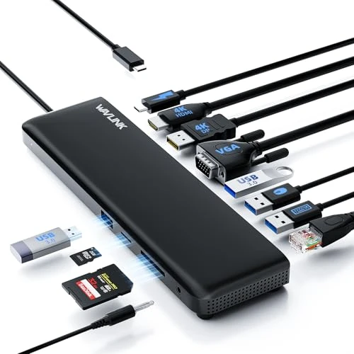 Limited-time offer: WAVLINK USB C Docking Station 3 Monitors, Docking Station with HDMI, DP, VGA, 100W PD, USB3.0&2.0, RJ45, SD/TF Slots, Audio/Microphone for Lenovo/HP/Dell etc - Black from 21.66 £ to 21.66 £ (save 0.00%)