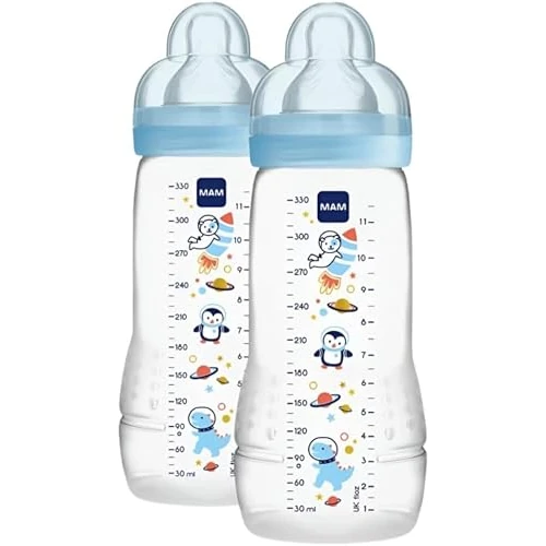 MAM Biberon Easy Active Baby Bottle 330 ml (Set da 2), Kit da 2 biberon MAM per bambini attivi ergonomici e pratici, Accessori neonato 4+ mesi allattamento con tettarella misura 3, Azzurro assortito