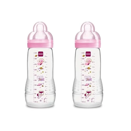 MAM Easy Active Baby Bottle - Juego de 2 botellas para bebé activo, ergonómicas y prácticas, 4 meses de lactancia, con tetina tamaño 3, color rosa
