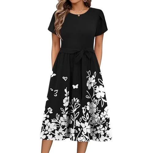 Offerta a tempo: Zeagoo Donne Abiti Estivi Manica Corta Casual Scollo Rotondo Abito Floreale con Tasche Elegante Midi Abito da Spiaggia FloralG M - 26% da 26.99 € a 19.99 €