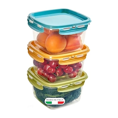 Snips Lock Mixcolor - Set van 3 voedselcontainers, 1 l, vershouddeksel met 4 veiligheidssluitingen, container voor levensmiddelen, 14,7 x 14,7 x 12 cm, koelkast, magnetron en vaatwasser, gemaakt in