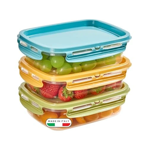 Offerta a tempo: Snips Lock Mixcolor - Set 3 Contenitori per Alimenti 0,6L, Coperchio Salva Freschezza con 4 Chiusure di Sicurezza - Contenitore per Cibi 18,4x14x8 Frigorifero, Microonde e Lavastoviglie Made in Italy - 55% da 10.99 € a 4.99 €