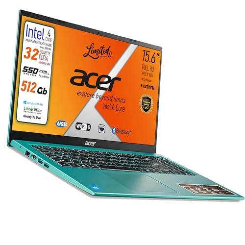 acer Ultralekki notebook Intel N6000 4Core, 32 GB pamięci RAM SSD M2 PCi 512 GB, wyświetlacz FHD 15,6", kamera internetowa, USB, hdmi, bt, lan, Wi-Fi, Win 11 Pro, Libre Office, gotowy do użycia we