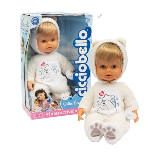 Cicciobello - Poupée interactive Cutie Bear avec fonction vin et grenouillère en peluche blanche de 42 cm de haut, arrête de pleurer, jeu éducatif pour enfants de 2 ans et plus
