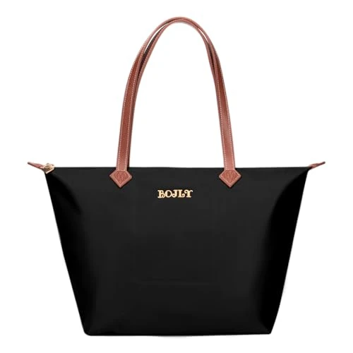 BOJLY Tote Bag Groß Shopper Tasche Damen, Leichte Faltbare Handtasche, Wasserdichte Nylon Schultertasche Damen mit Reißverschluss für Arbeit, Schule, Einkauf, Reisen (Schwarz)