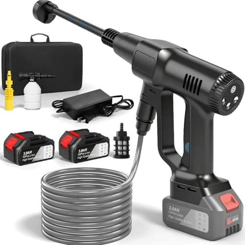Offerta a tempo: Idropulitrice a Batteria, 21V Max 200 Bar Idropulitrice Portatile con Batterià da 3,0Ah, Press & Clean Pistola Lavaggio con Display LCD di Potenza e 3 Velocità (Nero con 2 Batteria) - 44% da 89.99 € a 49.99 €