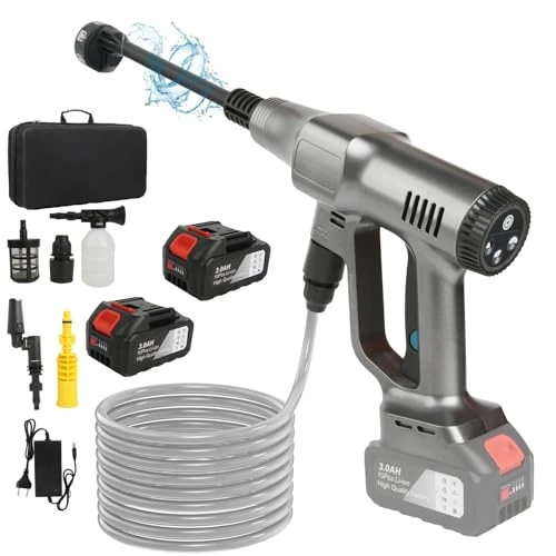 Tijdelijke aanbieding: Accu-hogedrukreiniger 21 V Max 200 bar, mobiele hogedrukreiniger met 3,0 Ah accu, drukreiniger met LCD-display met vermogen en 3 snelheden (Zilver met 2 accu's) van 59.99 € naar 59.99 € (0.00% korting)
