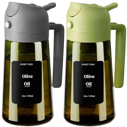 SWEET VIEW Lot de 2 Vaporisateur à Huile et Distributeur d Huile – 470 ml en verre résistant à la lumière pour cuisine, friteuse à air, cuisine, salade et barbecue