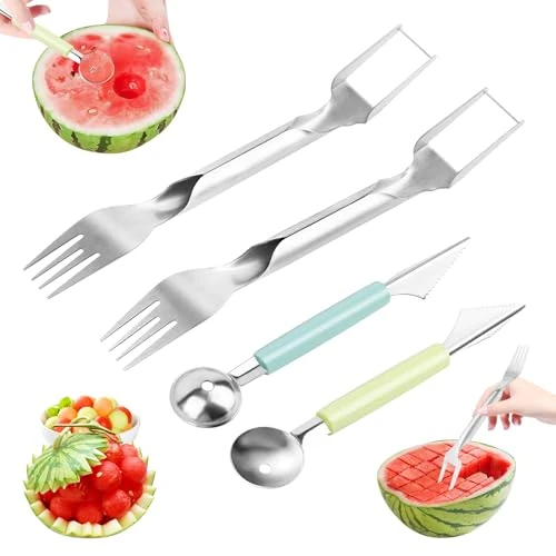 Melonenschneider 4 STK,Wassermelonenschneider Edelstahl,Melonenausstecher für Würfel und Kugeln,Obstschneider für Papaya,Wassermelonenmesser,Kugelausstecher für Melonen,Edelstahl Melonenschneider
